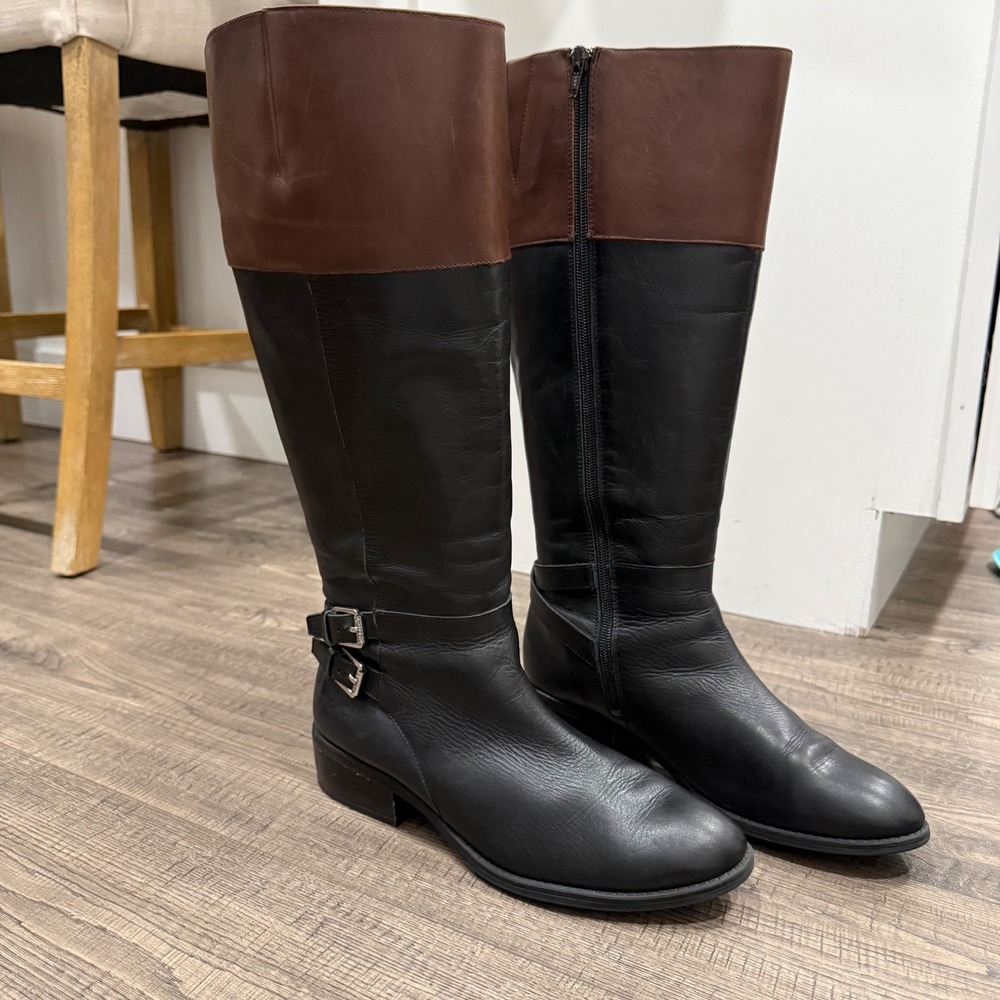 Lauren Ralph Lauren Marba-W Black Brown Leather Riding Boots Women 9B Buckle Zip
